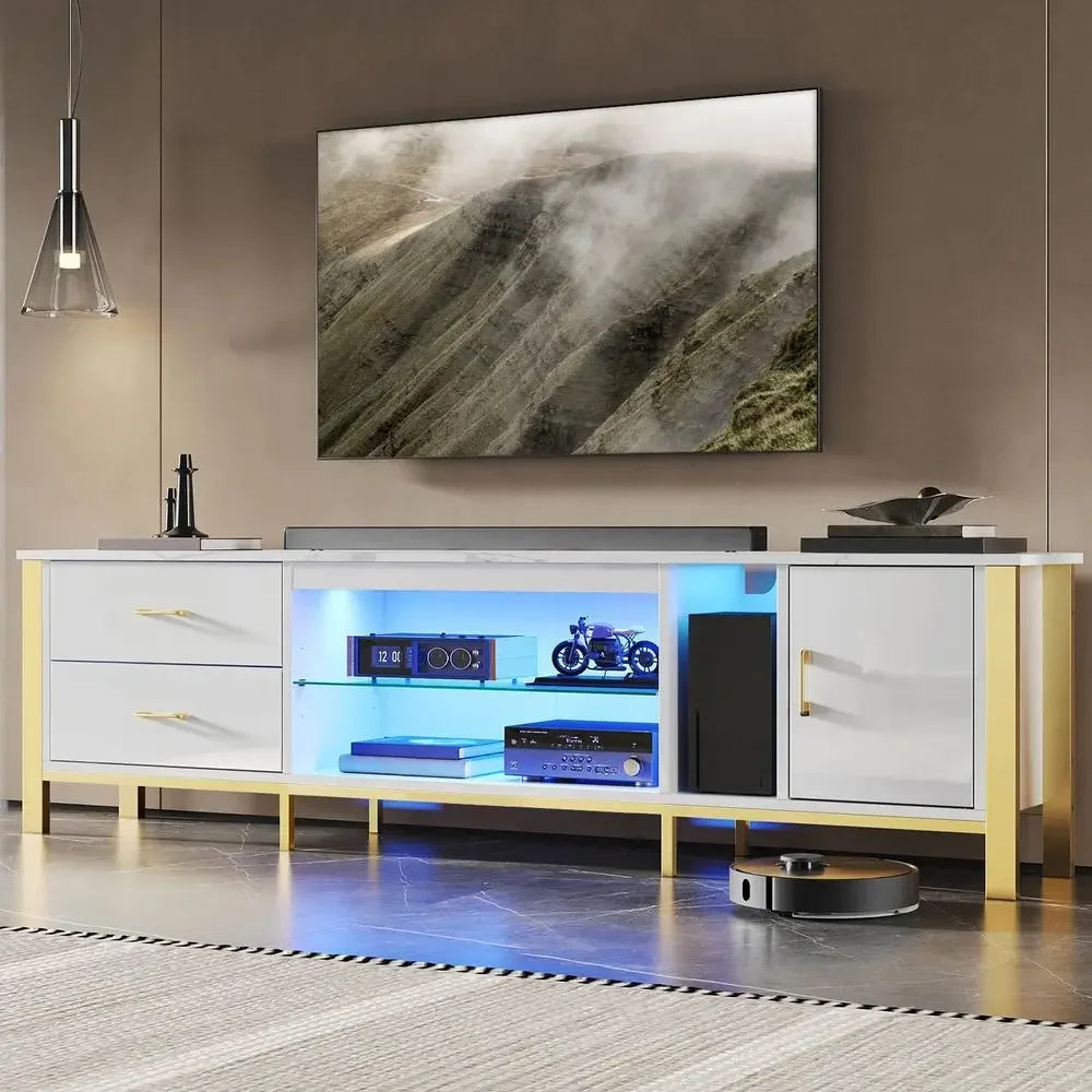 Merovelle white marble-look media console with gold-tone frame, two drawers and illuminated glass shelving