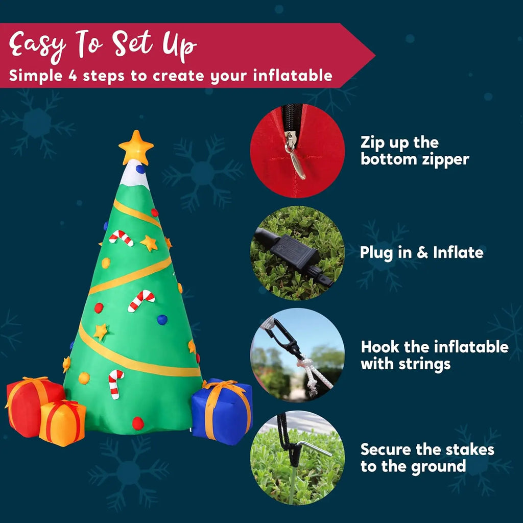 Starwhirl Christmas tree setup steps for zipper closure, plug-in inflation and anchoring.