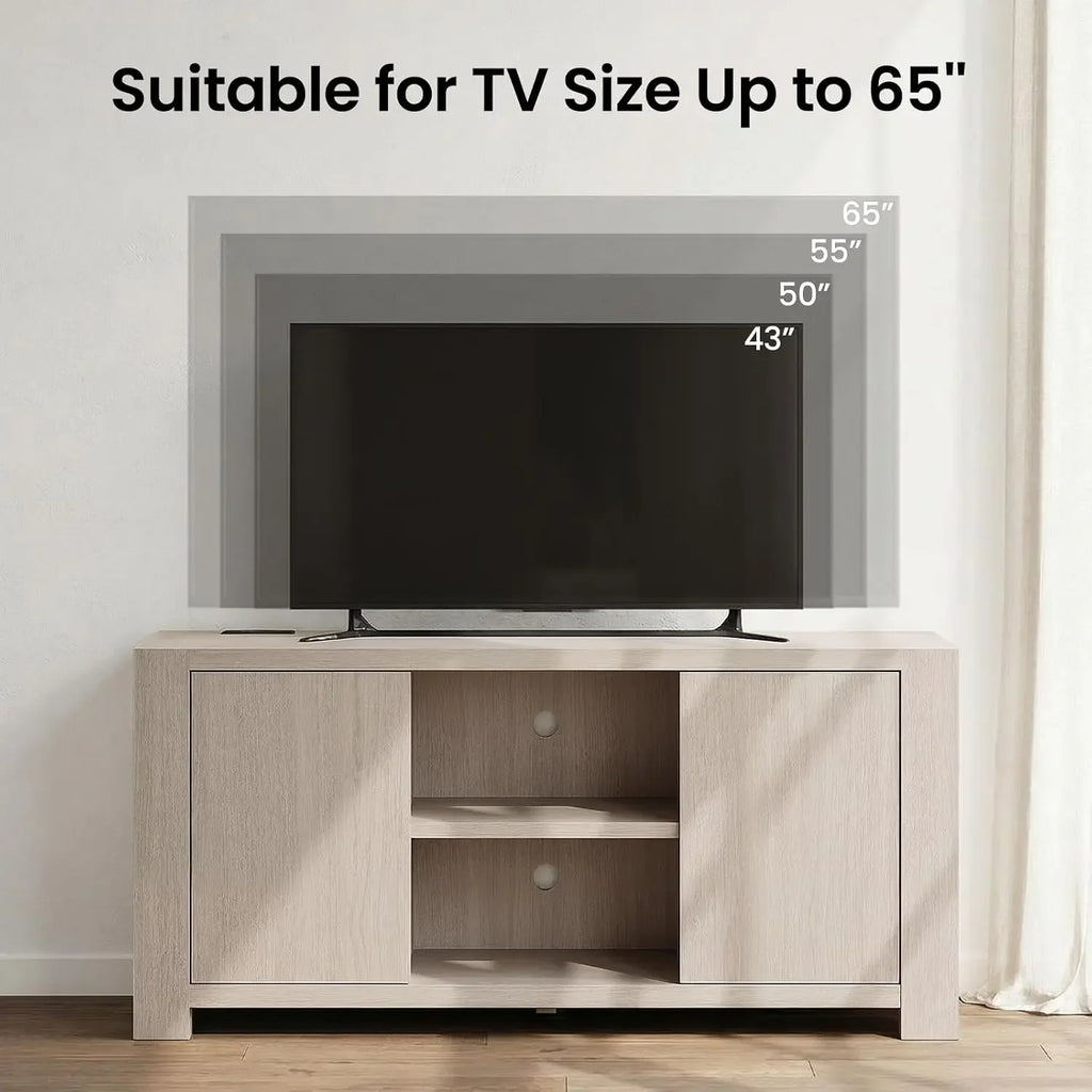 Mellorin pale wood-look TV console with television-size illustrations up to 65 inches.