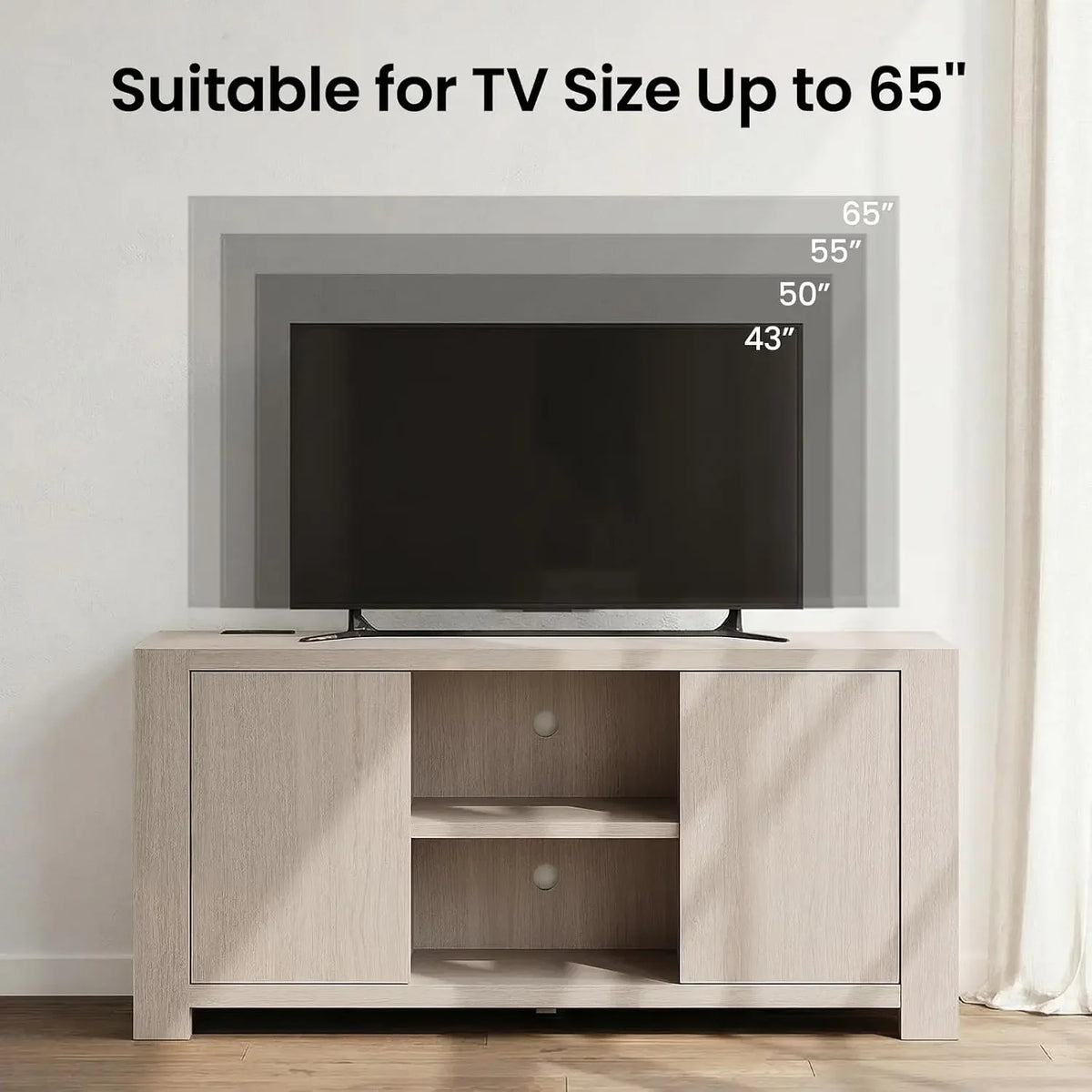 Mellorin pale wood-look TV console with television-size illustrations up to 65 inches.