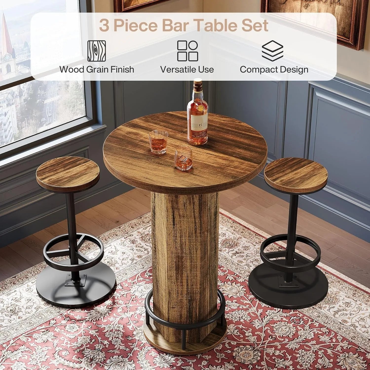 Wooden bar table set with two stools in a room with a window and decorative rug.