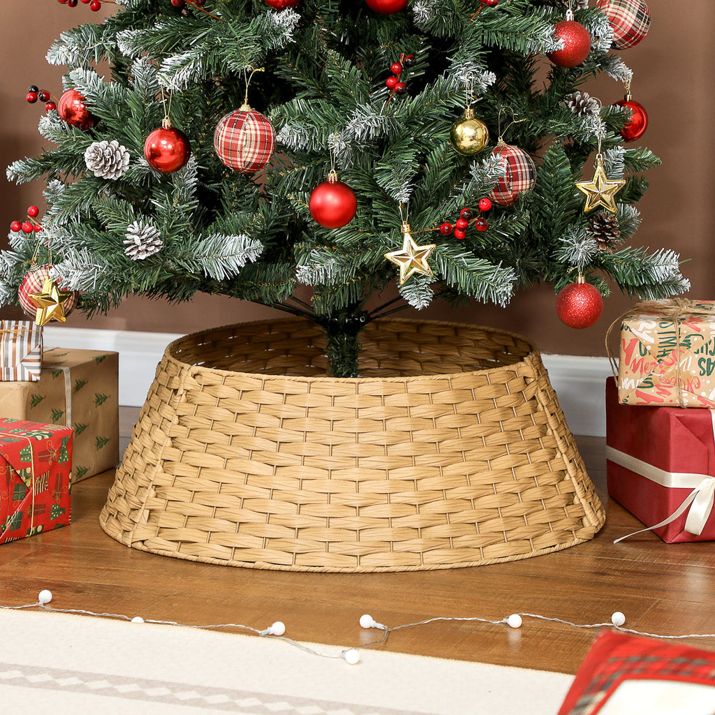 Weavecrest woven-look tree collar concealing the stand beneath a decorated Christmas tree