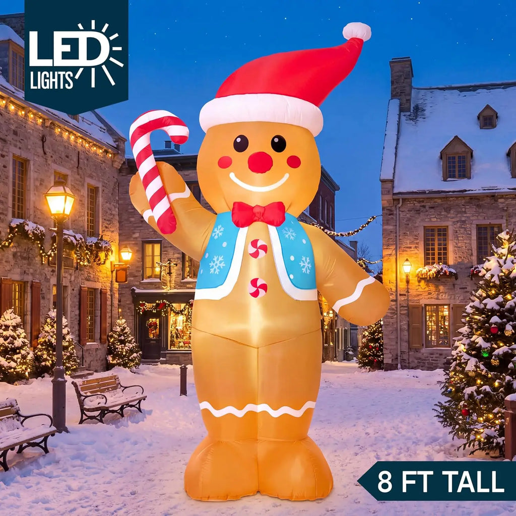Pepperbow LED-lit gingerbread Christmas inflatable at night with an eight-foot height label.