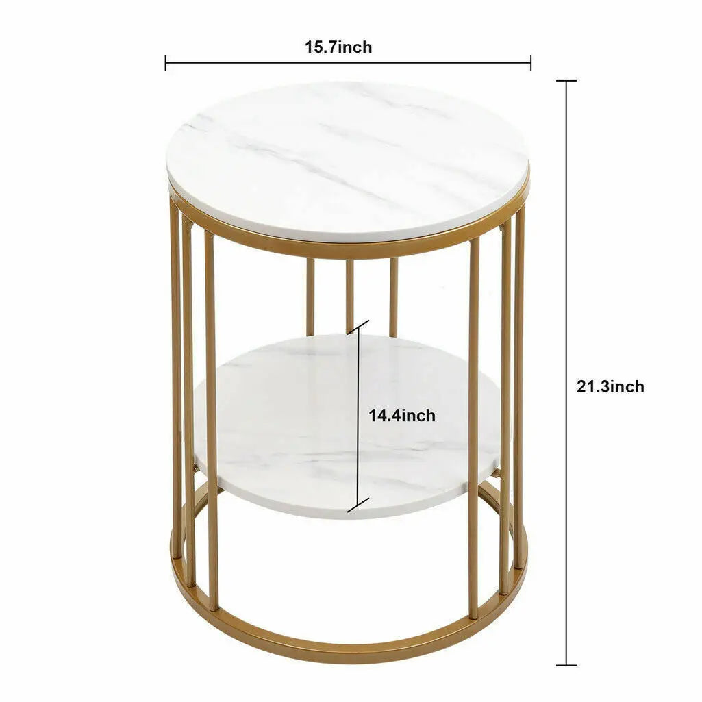 Small round table with gold frame and white marble top, showing dimensions on a white background.