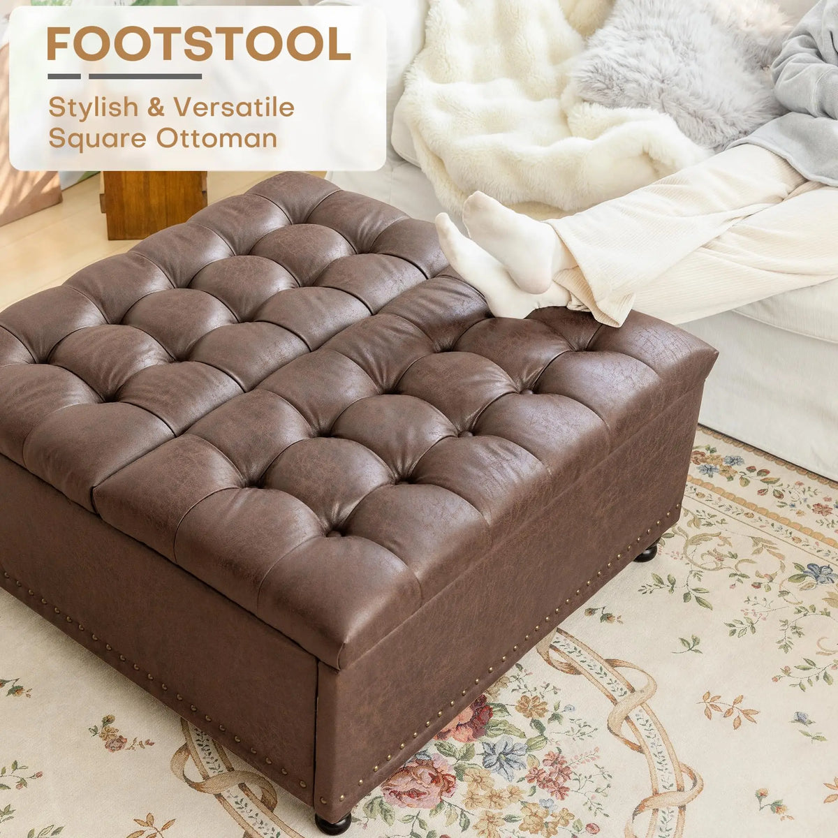 Hearthlift button-tufted top used as a footrest beside a sofa.