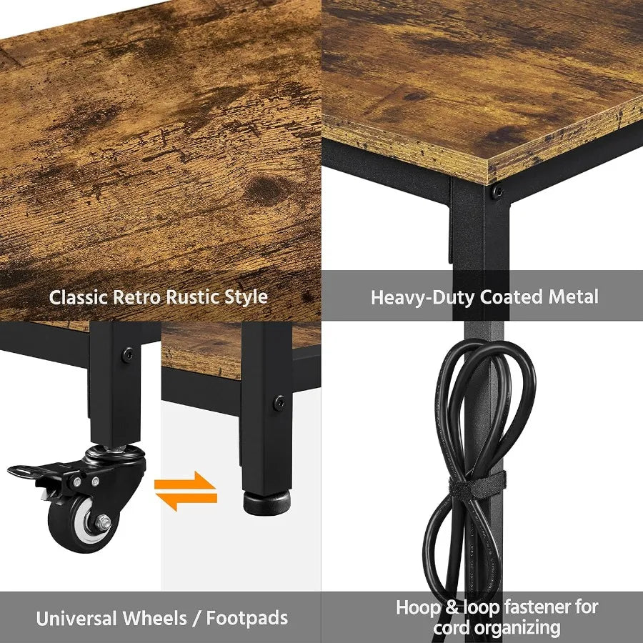 Close-ups of wood-look finish, metal frame, caster option and cable organizer