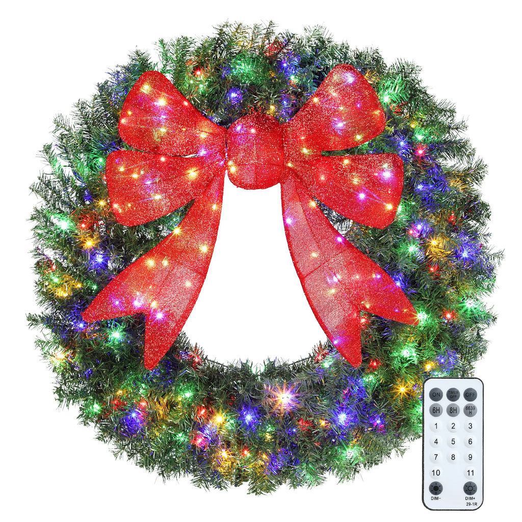 Frostbow 48-inch Christmas wreath with a dimensional red bow and multicolor LED lights