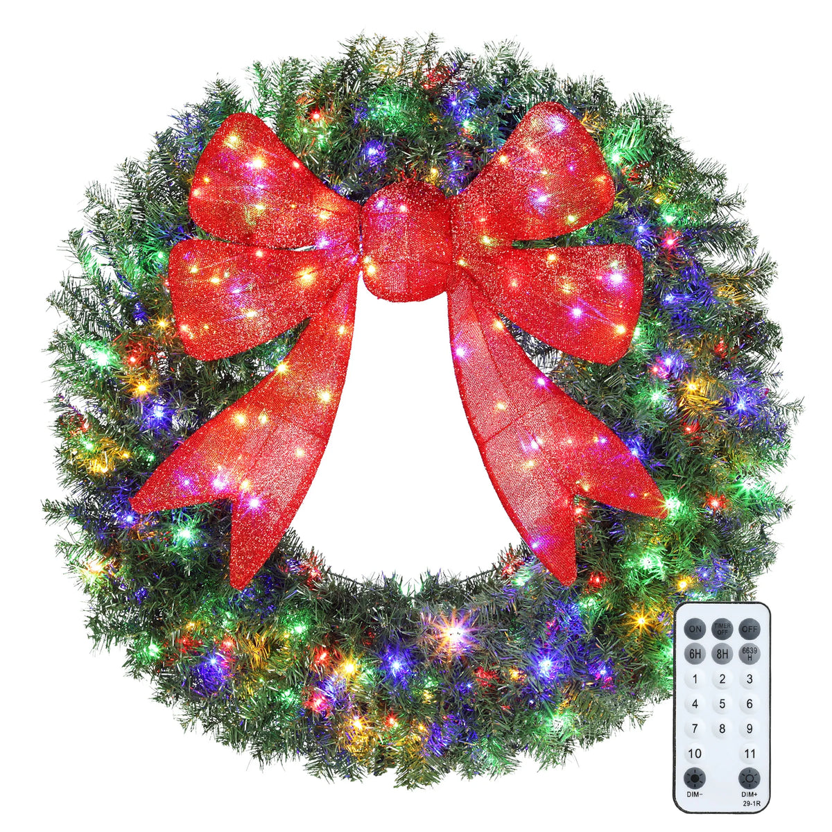Frostbow 48-inch Christmas wreath with a dimensional red bow and multicolor LED lights