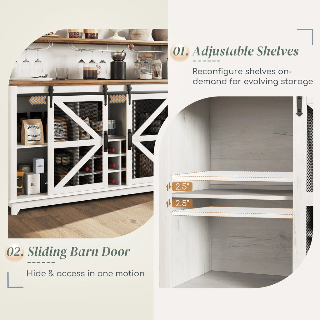 Crestmere sliding barn doors and adjustable shelf positions spaced 2.5 inches apart