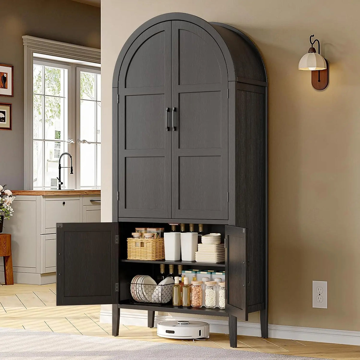 Serenadesong black arched pantry cabinet with open lower doors and raised legs