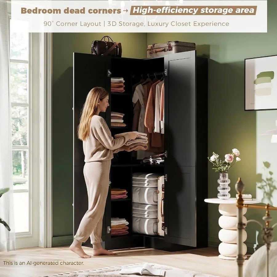 Corner-storage scene with a person holding folded clothes, labeled as an AI-generated character.