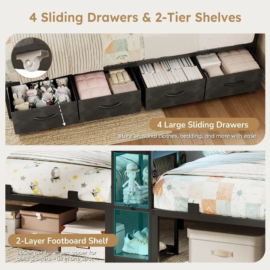 Four sliding storage bins and two-tier foot-end shelving