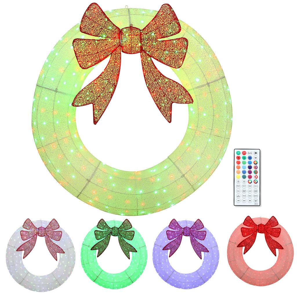 Glowmere lighted Christmas wreath with an oversized red bow and multicolor LEDs