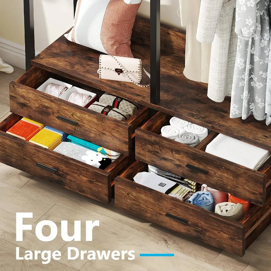 Four open drawers with black pull handles provide separate storage beneath the brown closet organizer.