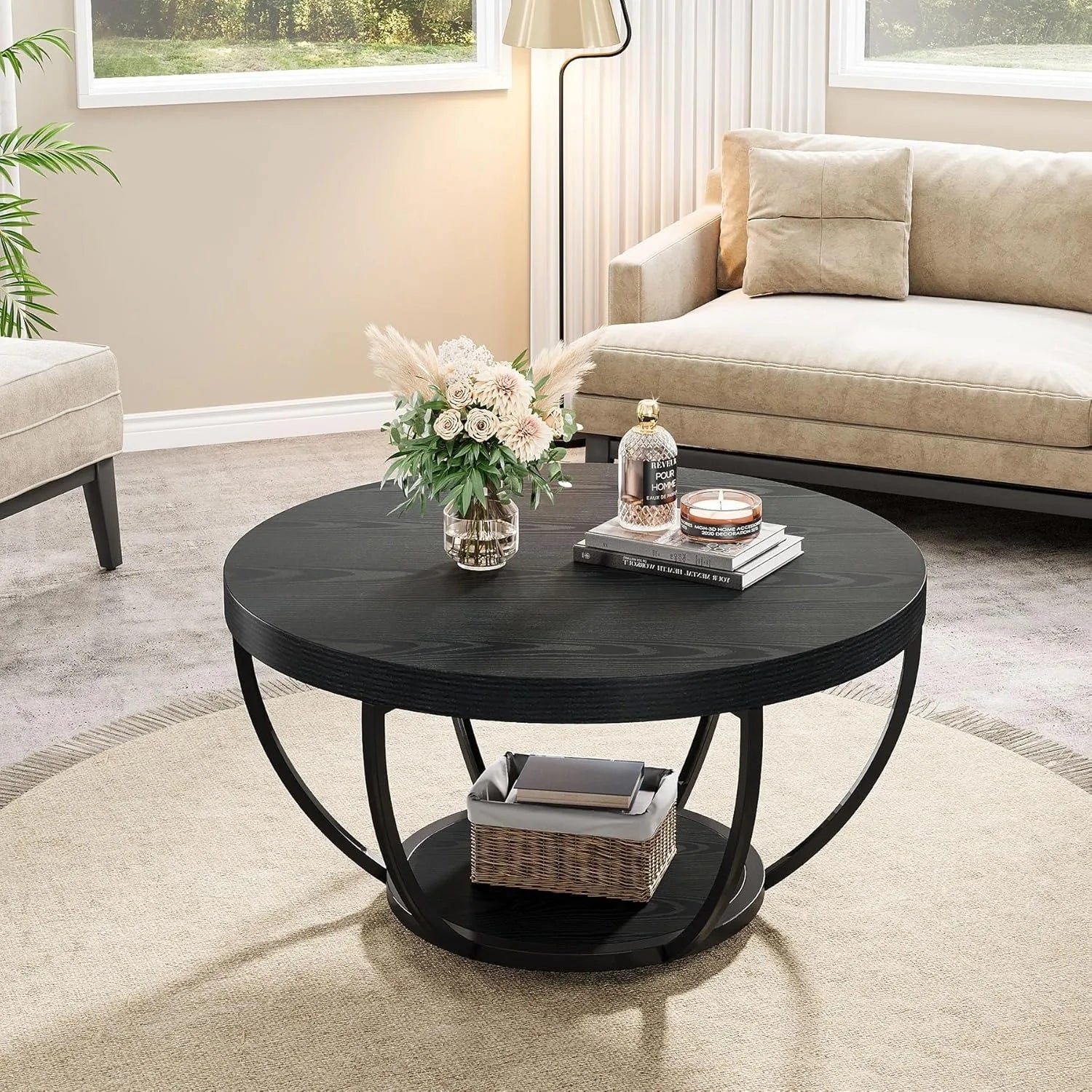 Black Round Coffee Table with Sculptural Frame