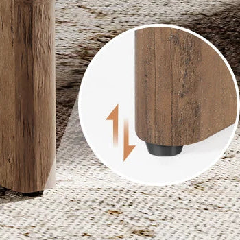 Close-up of wooden furniture leg on a textured surface with a magnified inset showing the soleplate.