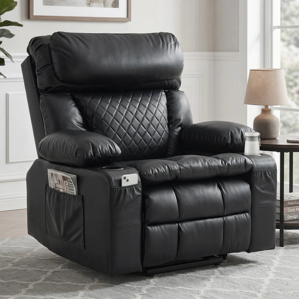 Avensford black faux-leather recliner with high padded headrest and built-in cup holders