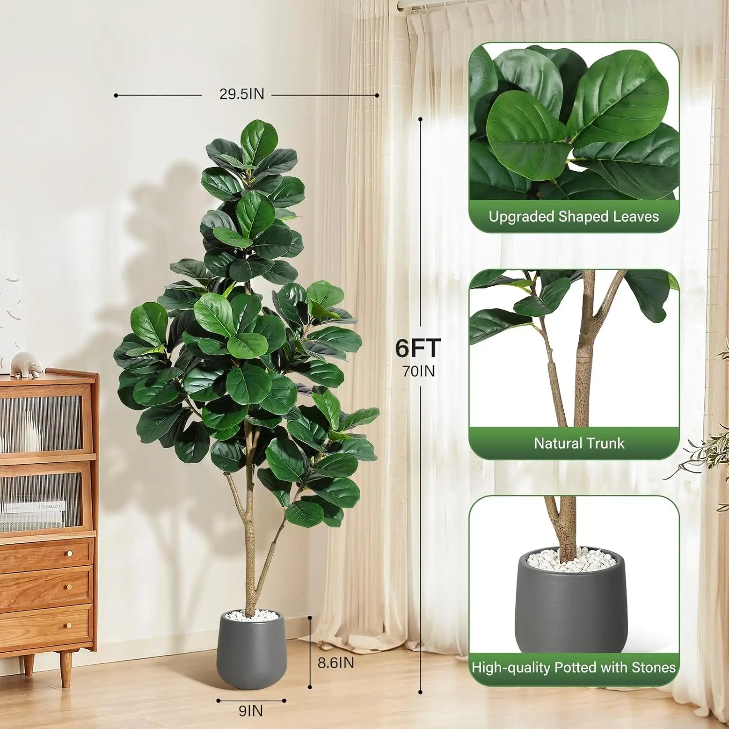 Artificial fiddle leaf fig plant with dimensions and features displayed on a neutral background