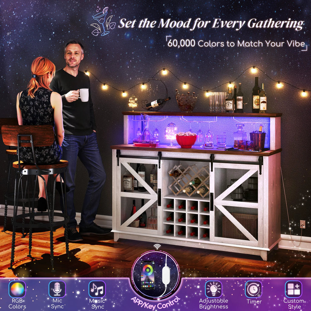 Crestmere bar cabinet lit purple with RGB lighting-control features