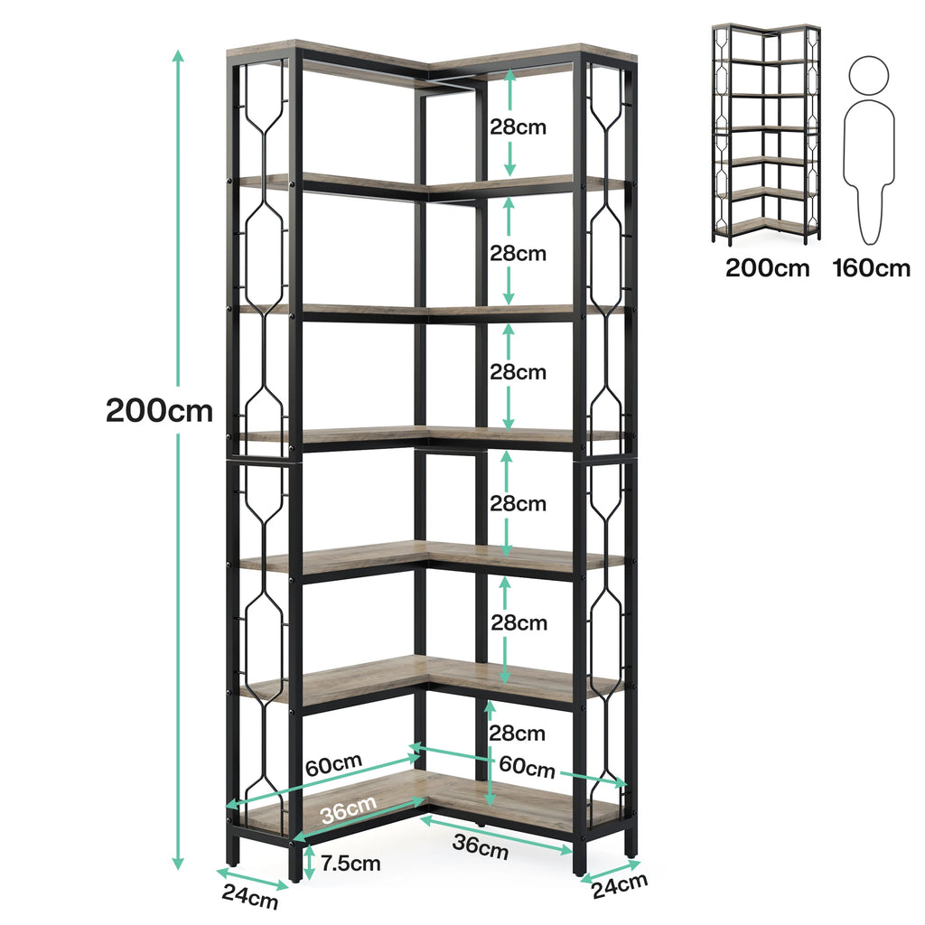 Corner bookshelf with dimensions and a person for scale on a white background