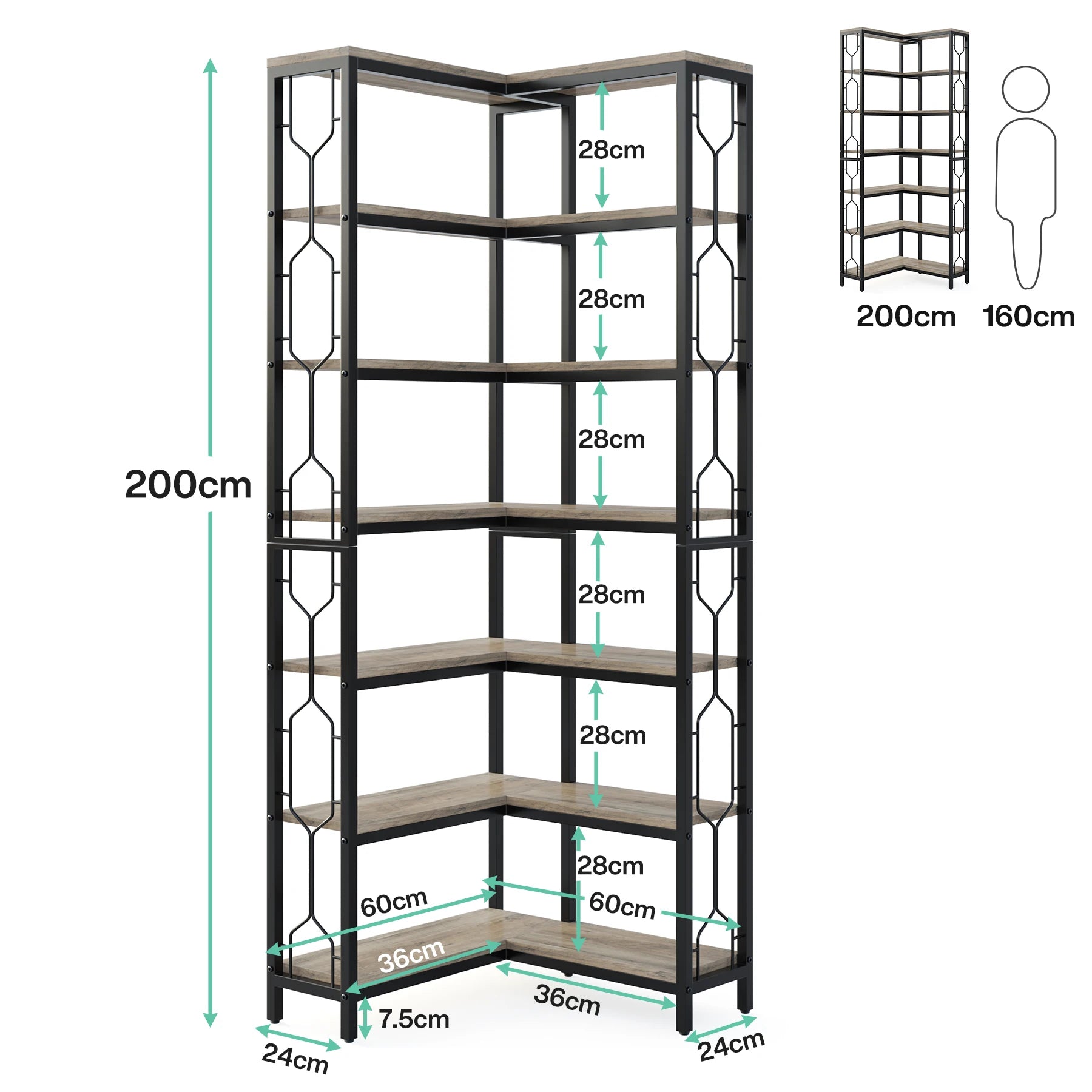 Corner bookshelf with dimensions and a person for scale on a white background