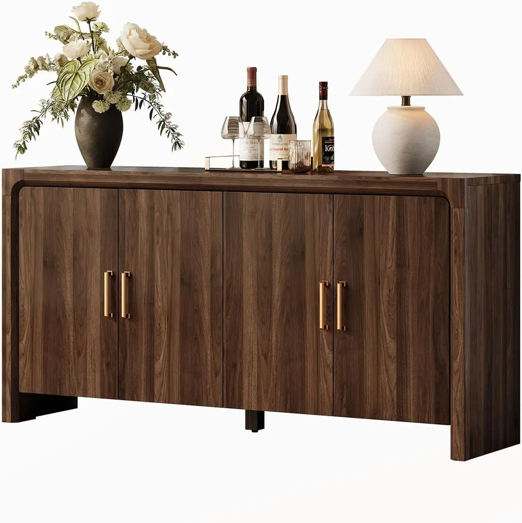 Cloudlark brown wood-grain sideboard with four closed doors and decorative items on top