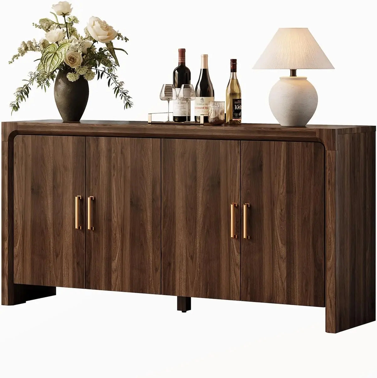 Cloudlark brown wood-grain sideboard with four closed doors and decorative items on top