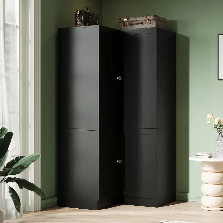 Black L-shaped corner wardrobe with paneled doors and clear round knobs.
