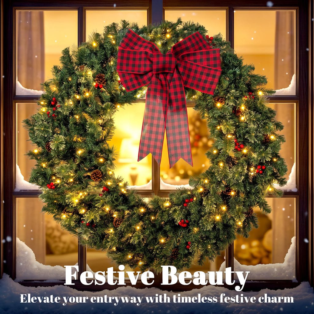 Berrivale lighted wreath displayed in a Christmas window setting