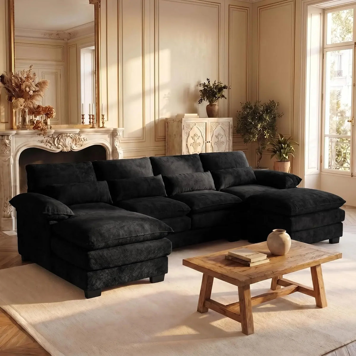 Halewyn sectional in Black chenille fabric with dual chaise seating