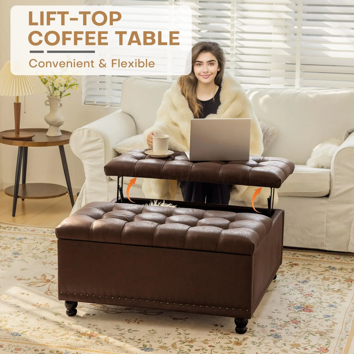 Hearthlift lift-top section raised toward a seated laptop user.