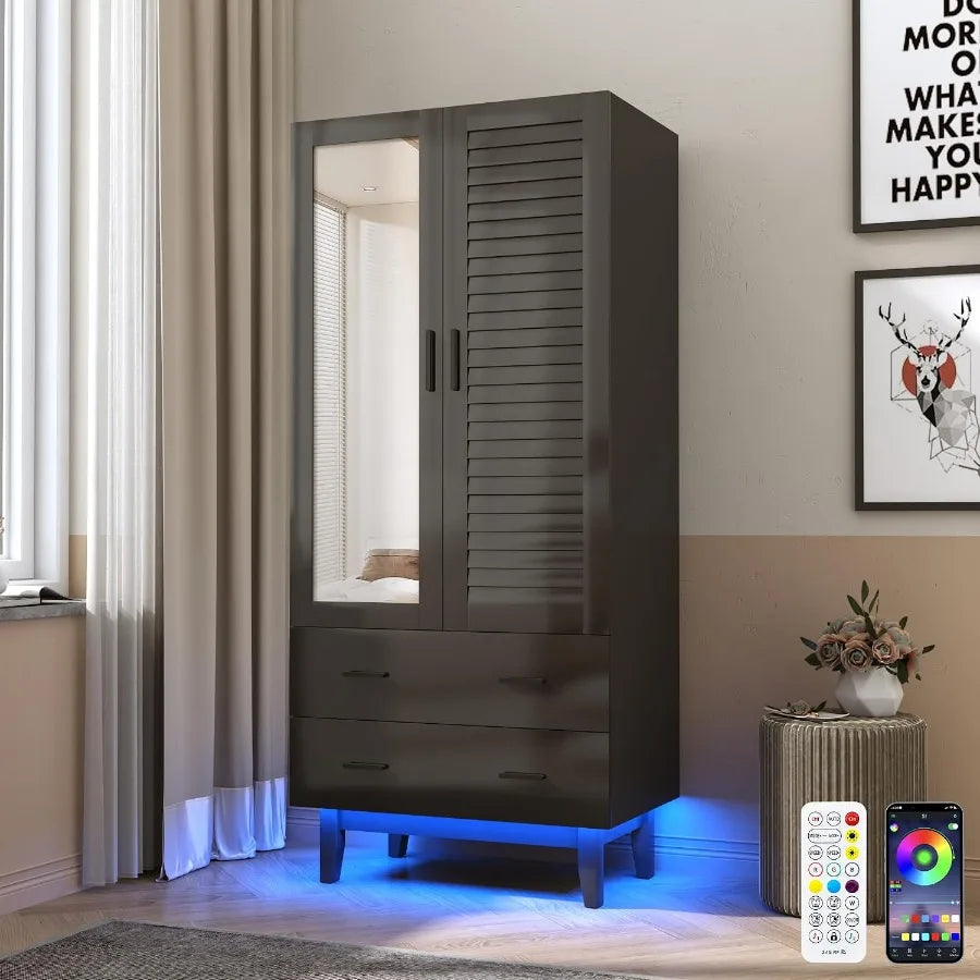 Angled view of the black mirrored wardrobe with two drawers and blue lighting beneath the legs.