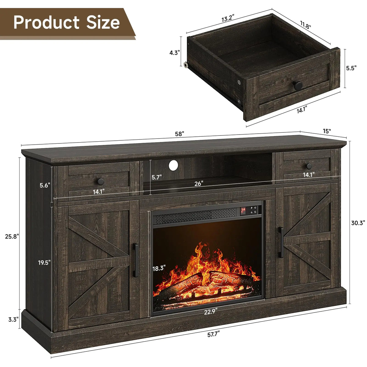 Dimension diagram of the TV stand: 58 in wide, 15 in deep and 30.3 in high, with shelf and drawer measurements.