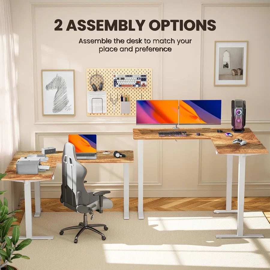 Left-return and right-return desk configurations illustrated at sitting and standing heights.