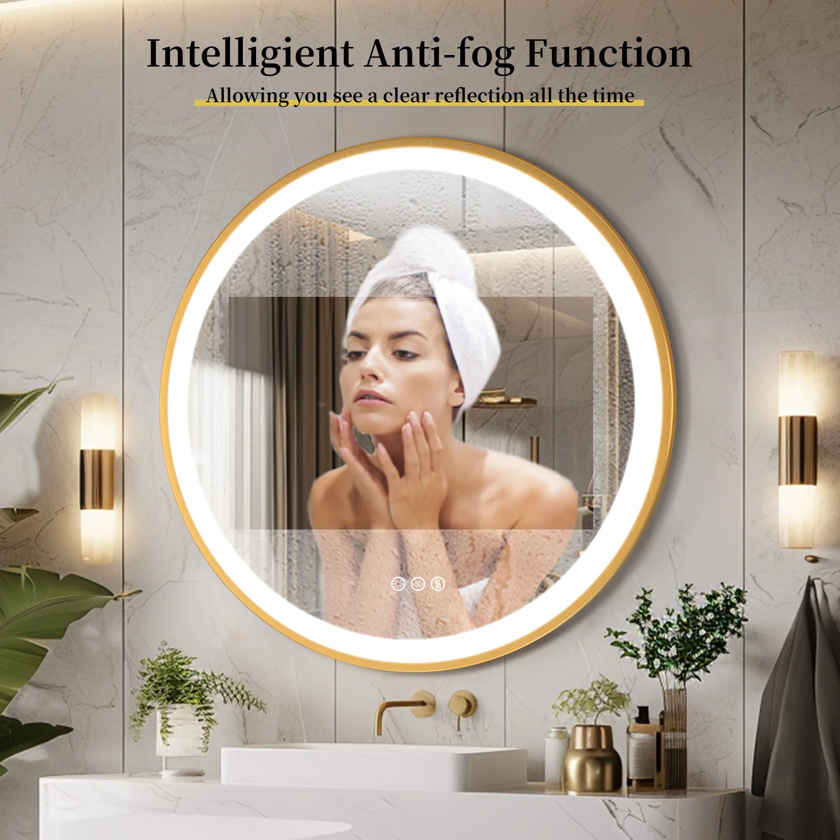 Round LED Bathroom Mirror – Gold Aluminum Frame, Anti-Fog