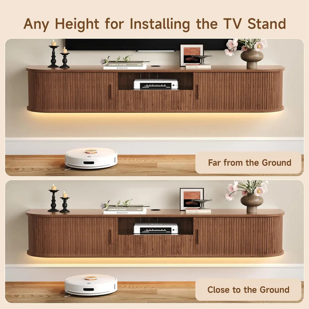 Melodyhalo floating TV stand in Dark Brown shown at two wall-mounting heights.