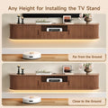 Melodyhalo floating TV stand in Dark Brown shown at two wall-mounting heights.