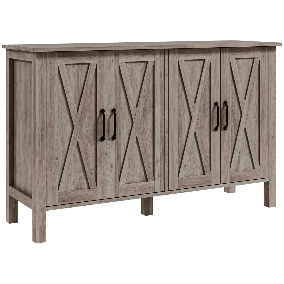 Silhouetteveil gray wood-grain sideboard with four cross-detailed barn-style doors