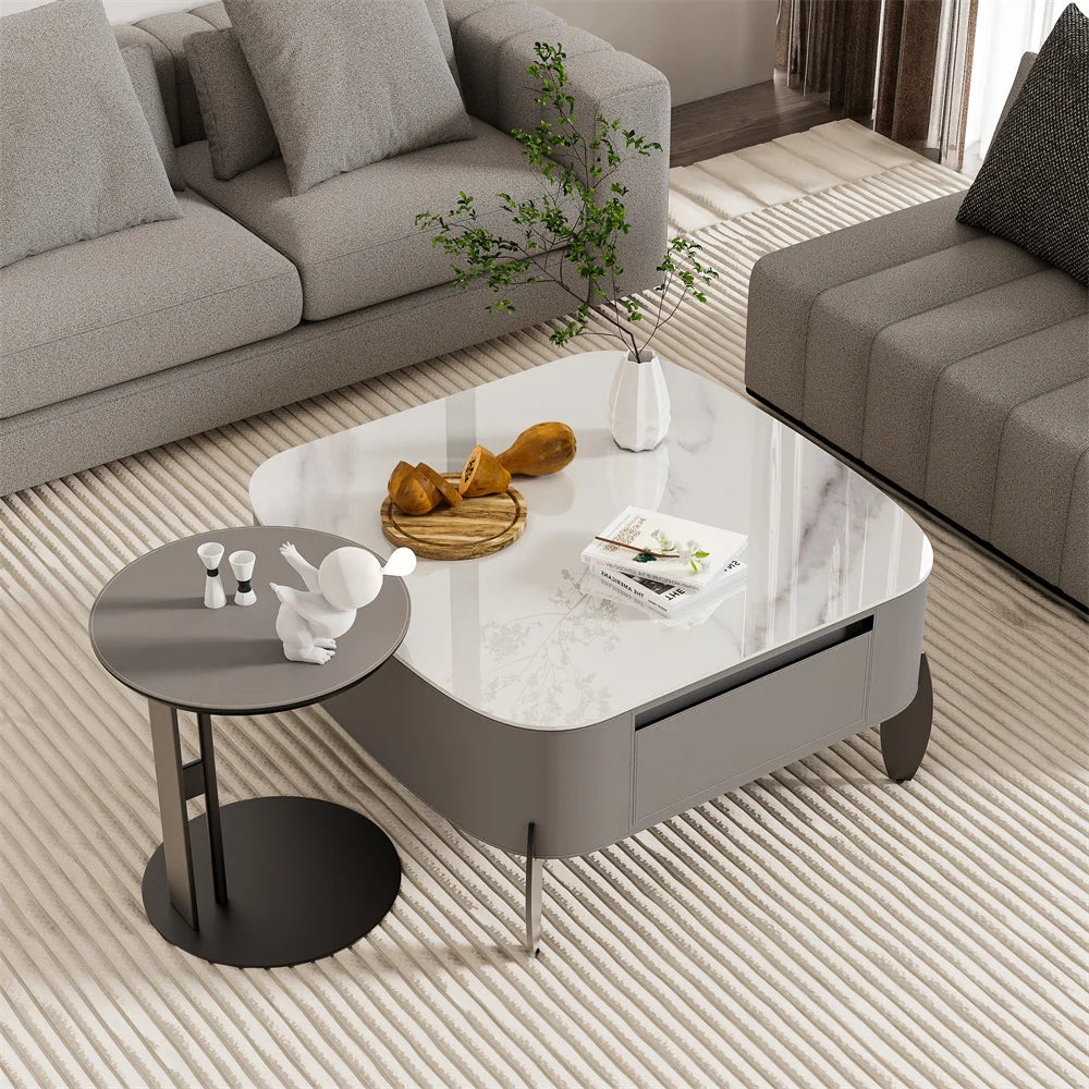 Cinderloom rounded-square coffee table with black legs and a separate round side table