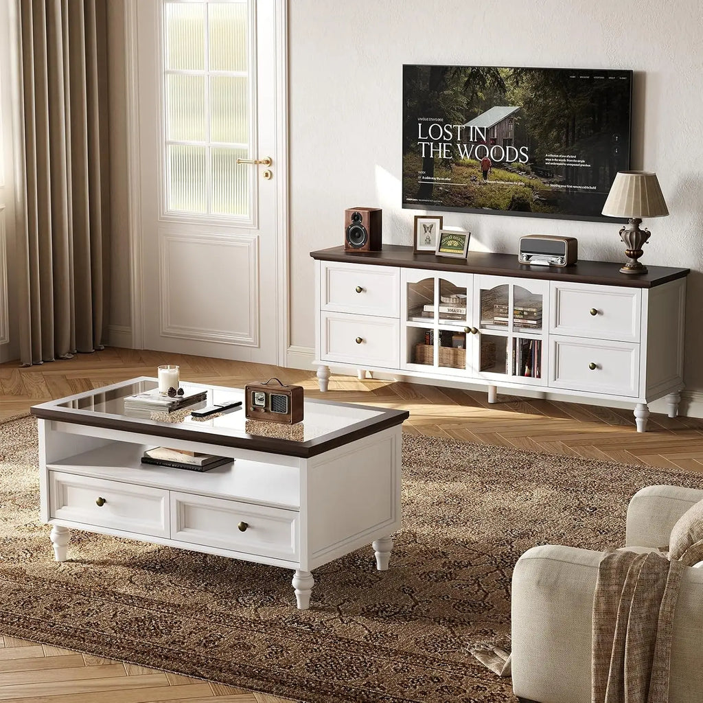 Fawnarc White TV stand in a living room beside a separately styled matching coffee table.