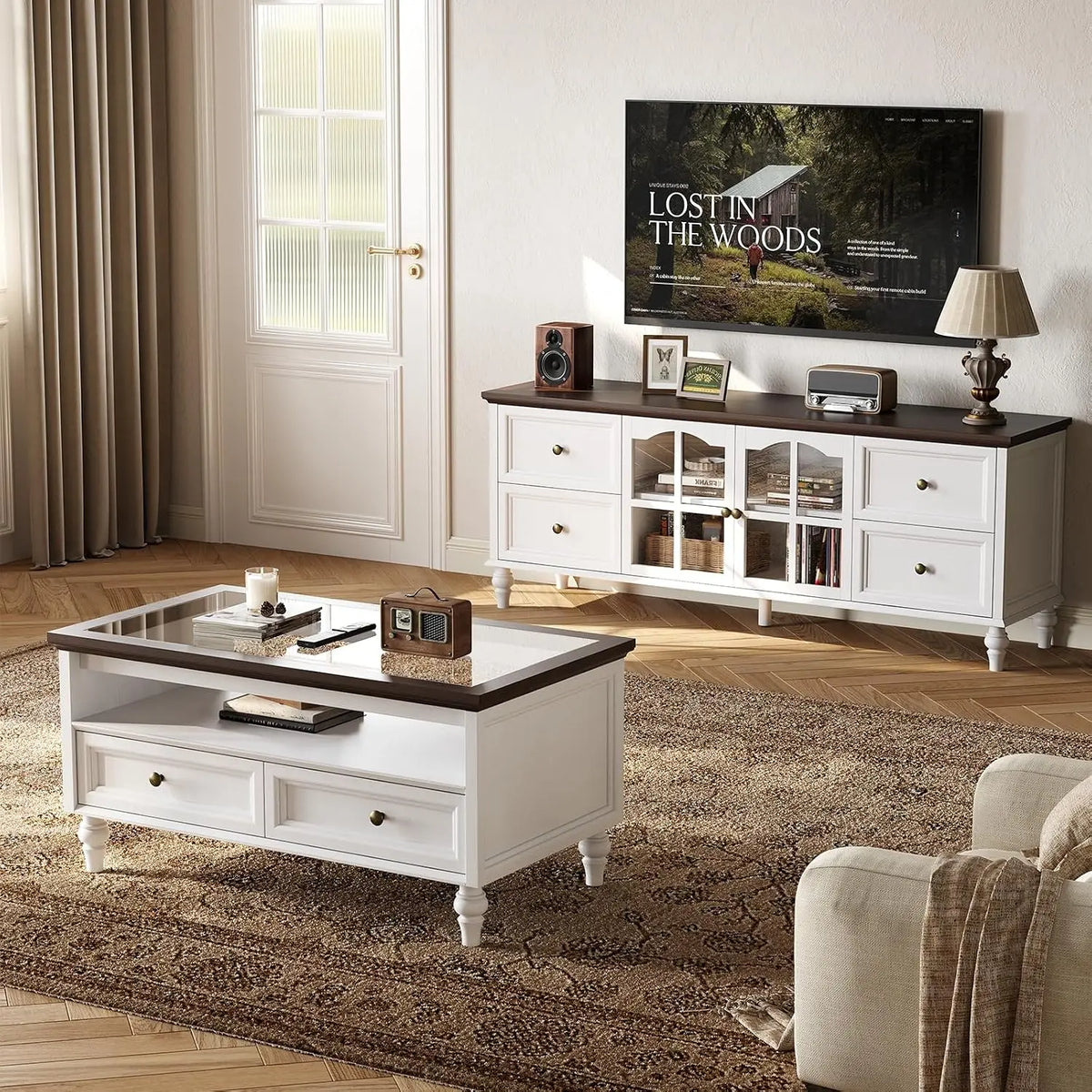 Fawnarc White TV stand in a living room beside a separately styled matching coffee table.