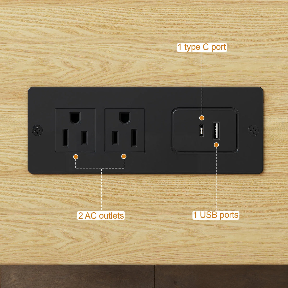 Opalray built-in charging panel with two AC outlets, USB port, and USB-C port