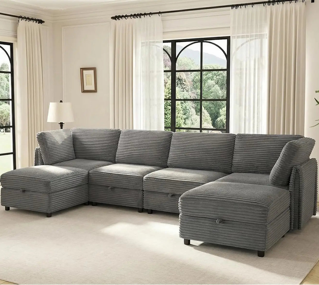 Sylvellen grey corduroy U-shaped sectional with two front ottomans and short dark feet