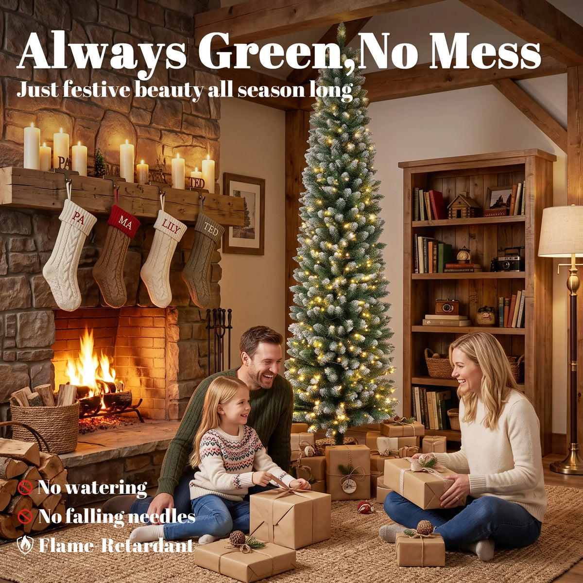 Icebeam pre-lit Christmas tree lifestyle image showing flame-retardant foliage