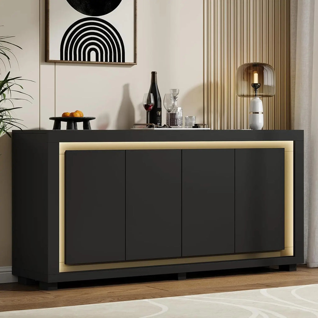 Driftloom black four-door sideboard with gold-tone inset trim and warm LED lighting