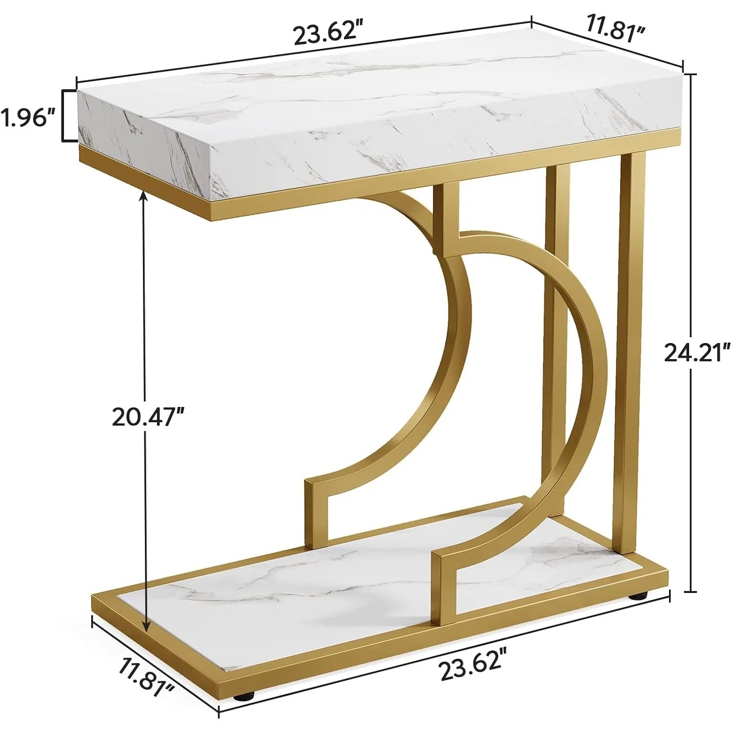 Gold and marble-patterned side table with dimensions labeled