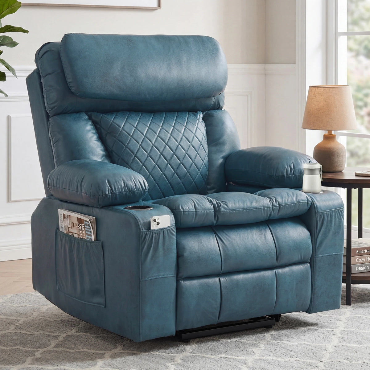 Avensford teal-blue leather-look dual-motor reclining chair with side pocket and cup holder