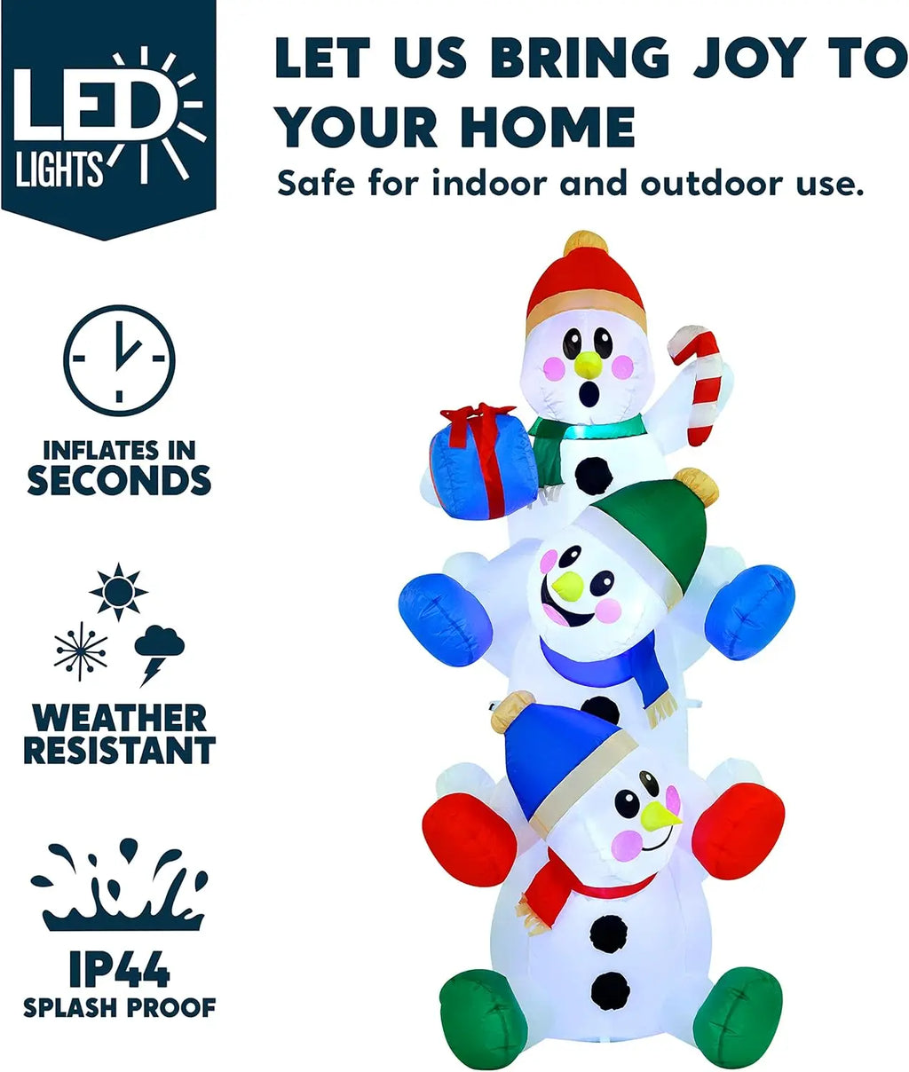 Snowtumble connected three-snowman Christmas display with lighting and setup feature callouts.