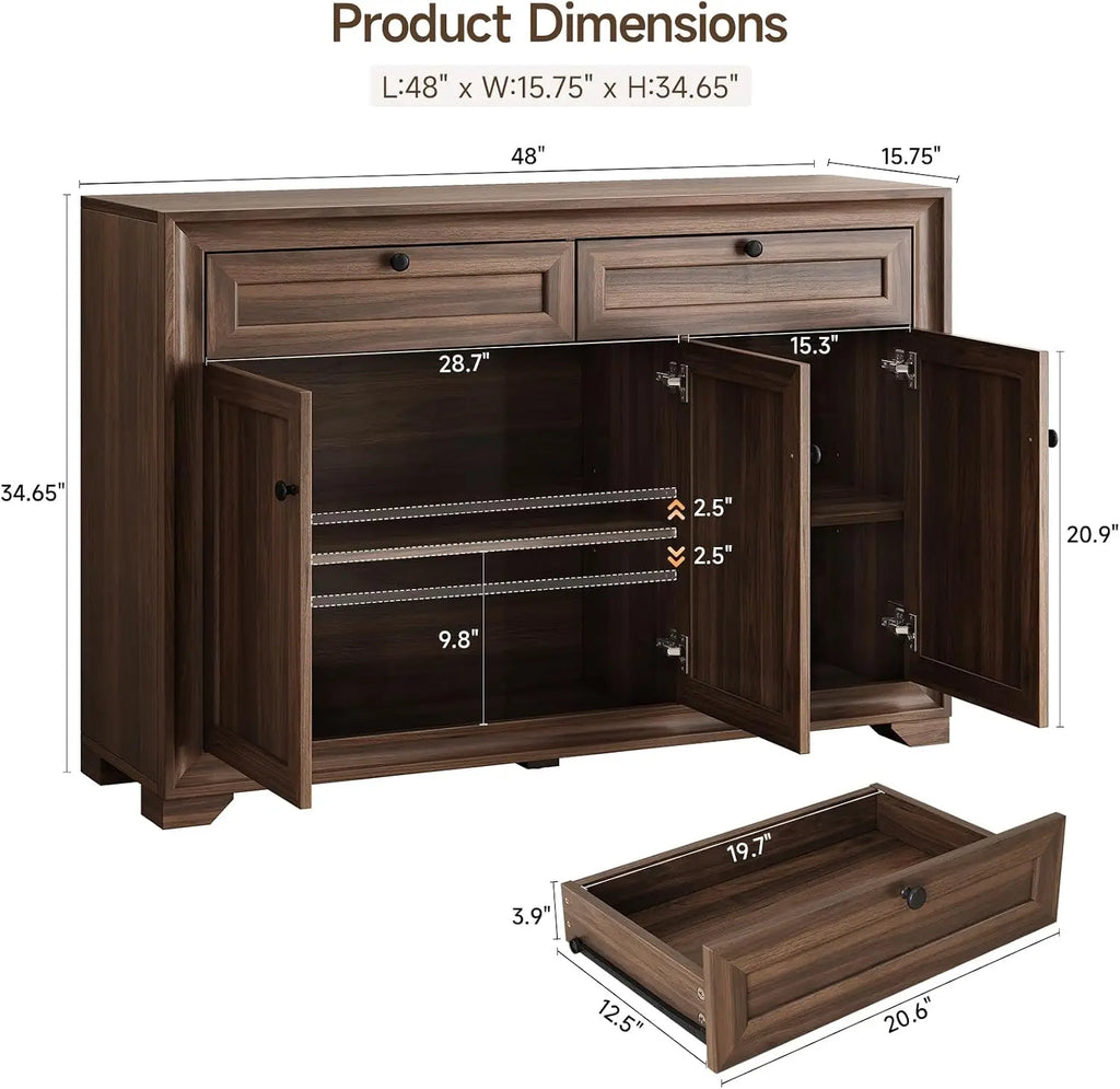 Olive Brown sideboard dimension diagram showing 48-inch width, 15.75-inch depth and 34.65-inch height.