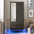 Black wardrobe with one mirrored door, one louvered door, two lower drawers, and blue RGB lighting beneath the raised base.